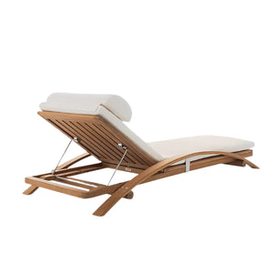 The Sundeck Stacking Adjustable Chaise by Summit Furniture, shown on a plain white background, features an adjustable backrest, padded cushion with headrest, teak frame, and marine-grade stainless steel accents.