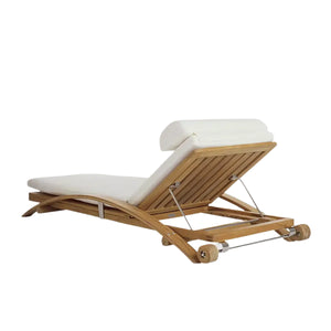 The Sundeck Stacking Adjustable Chaise by Summit Furniture features a teak frame, adjustable backrest, white cushioned seat, and rear wheels. Shown on a white background.