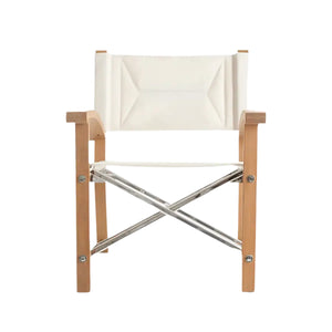 A front view of the Summit Furniture Sundeck Director’s Chair featuring a white canvas seat and backrest, plantation-grown teak armrests and legs, and marine-grade stainless-steel cross-bracing.