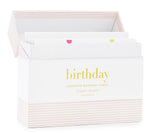 The Sugar Paper Birthday Card Set features assorted birthday cards in a box with a striped bottom and "birthday" gold foil on the front, open to display the vibrant selection inside.
