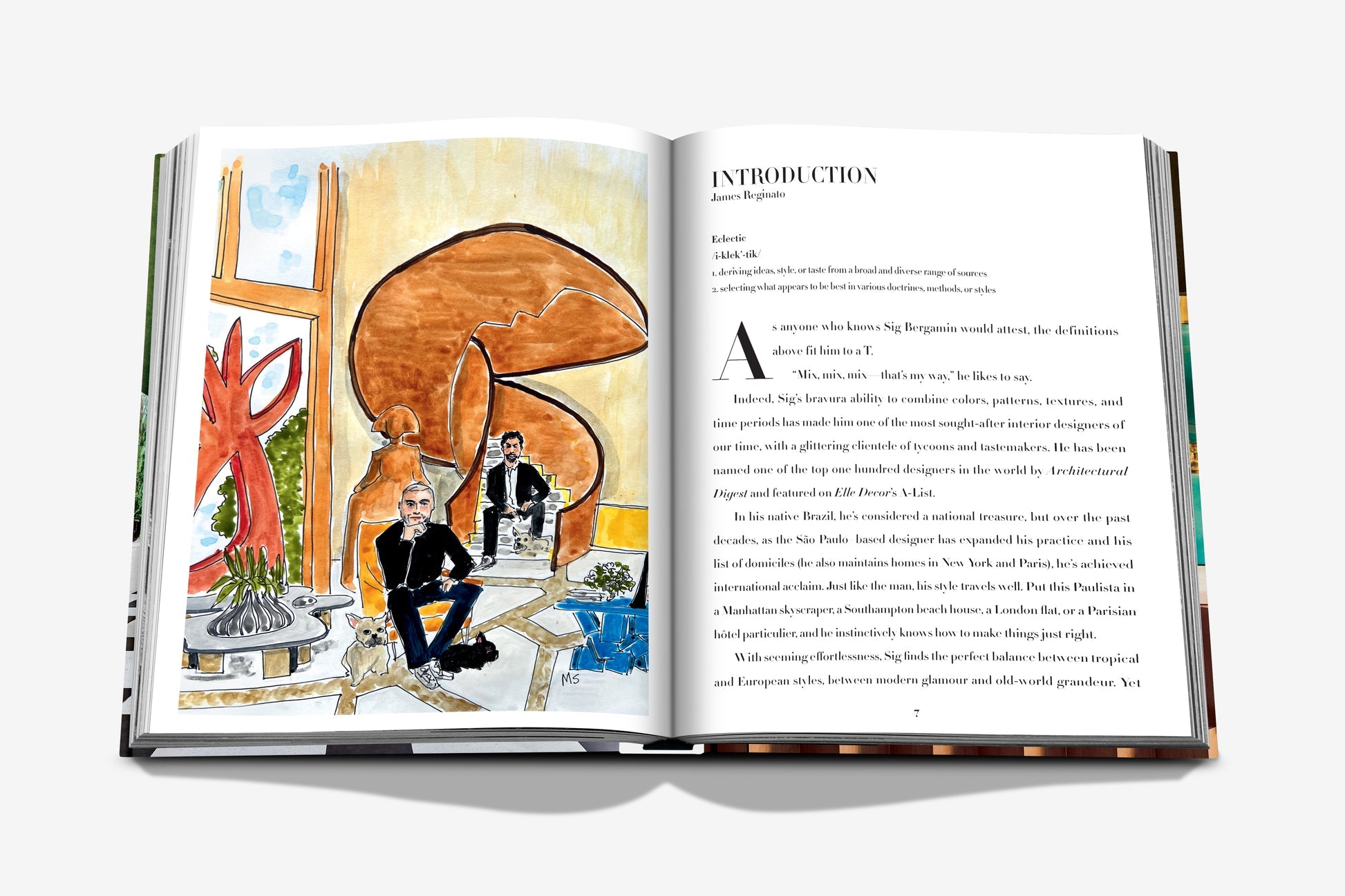 An open book from Assouline, titled "Sig Bergamin Eclectic," displays a creatively designed scene with a person sitting on a chair. The right page starts with "Introduction" and features text reminiscent of Sig Bergamin’s interiors.