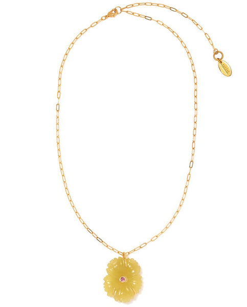 Lizzie Fortunato New Bloom Necklace with a yellow flower pendant and a small red gem at the center, displayed on a white background.