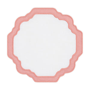 The Haute Home Scallop Coaster Set features white linen coasters with light pink scalloped, layered borders and exquisite hand embroidery. Pair with matching napkins for a refined, elegant table setting.