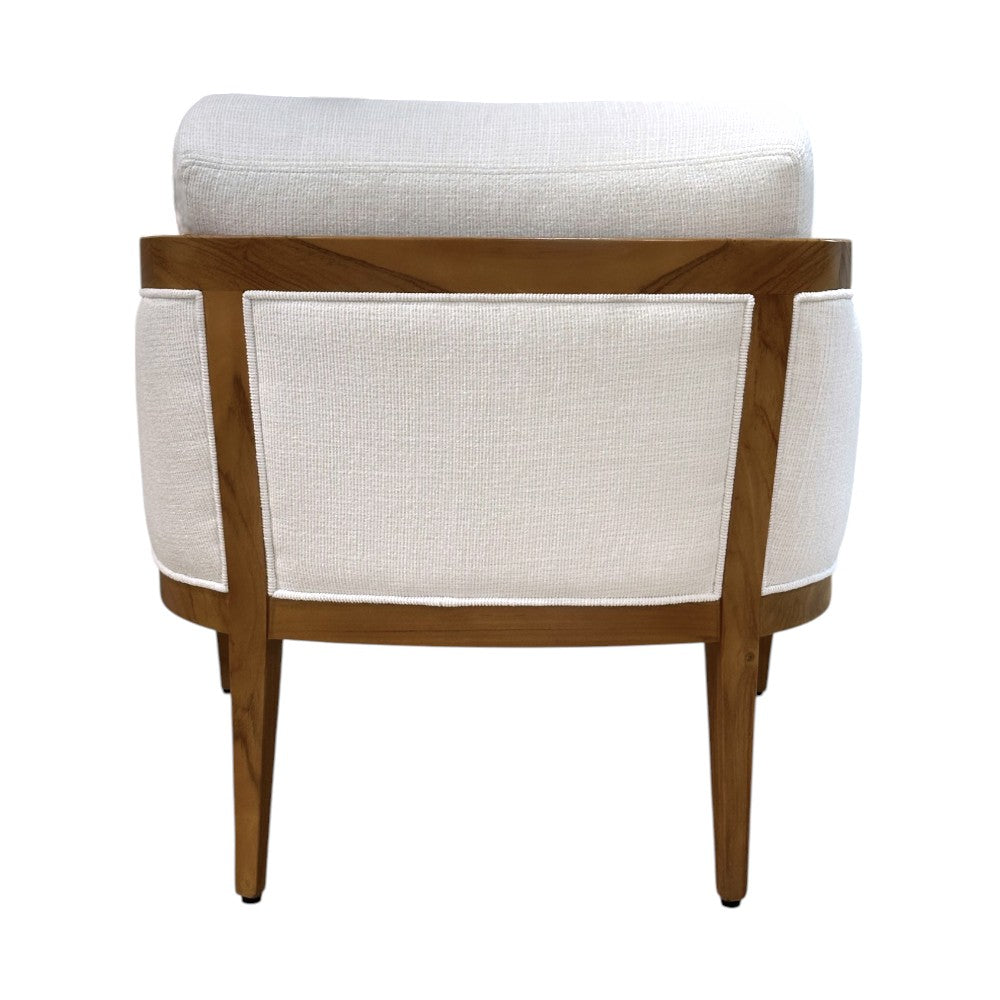 Rear view of the McGuire Furniture Schooner Lounge Chair in Outdoor Ivory Chenille, featuring a light wood frame and white upholstered cushions, crafted from naturalistic materials, shown against a plain white background.