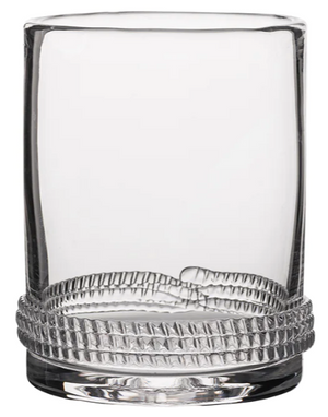 The Juliska Dean Drinkware Collection features a clear, cylindrical double old fashioned glass with a textured patterned band near the base, displayed on a plain white background.