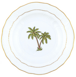 The Herend Palm Dessert Plate features white porcelain with a gold rim and a hand-painted palm design with two palms in the center.