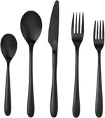 The Alba Black 5 Piece Flatware Set by Blue Pheasant—matte black, dishwasher-safe stainless steel utensils—is arranged side by side on a white background.