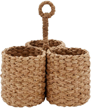 The Palmer Natural Wine Bottle Holder by Blue Pheasant is a woven straw organizer made from natural grass, featuring three compartments and a central handle for an earthy, stylish way to organize wine bottles.