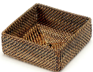The Calaisio Cocktail Napkin Holder Collection features a square, woven wicker holder with raised sides, an open top, and a diagonal base pattern for an eco-chic touch that brightens your space.