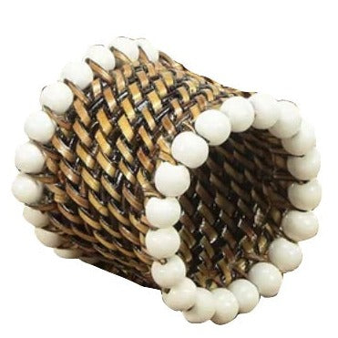 Handmade Calaisio Round Napkin Ring adorned with white beads, crafted by artisans in the South Pacific.