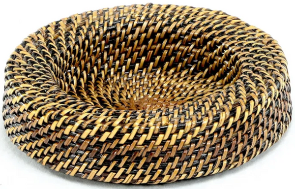 Handmade woven Calaisio Rattan basket with natural and dark brown fibers, showcasing sustainable home decor at its finest.