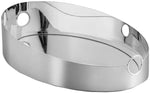 The St. James Ring Oval Tray, designed by Leo Romano, features a shiny mirror silver finish, raised sides, and two circular cut-out handles at each end.