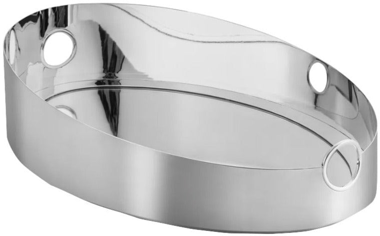 The St. James Ring Oval Tray, designed by Leo Romano, features a shiny mirror silver finish, raised sides, and two circular cut-out handles at each end.