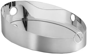 The St. James Ring Oval Tray, designed by Leo Romano, features a shiny mirror silver finish, raised sides, and two circular cut-out handles at each end.