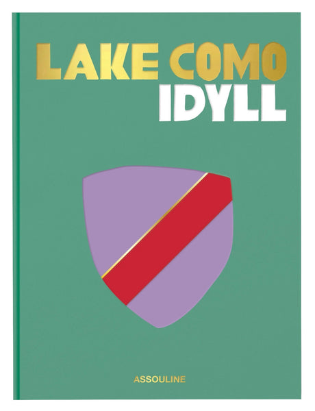 Cover of the Assouline book titled "Lake Como Idyll" with a minimalist illustration of Lake Como in Italy in pastel colors on a green background.