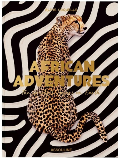 A leopard sits against a black and white abstract background on the cover of a book titled "African Adventures: The Greatest Safari on Earth" by Assouline.