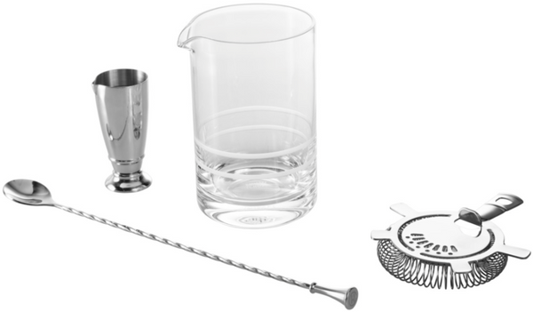 A Fortessa Crafthouse 4-Piece Mixing Glass Set, including a mixing glass, jigger, bar spoon, and strainer.