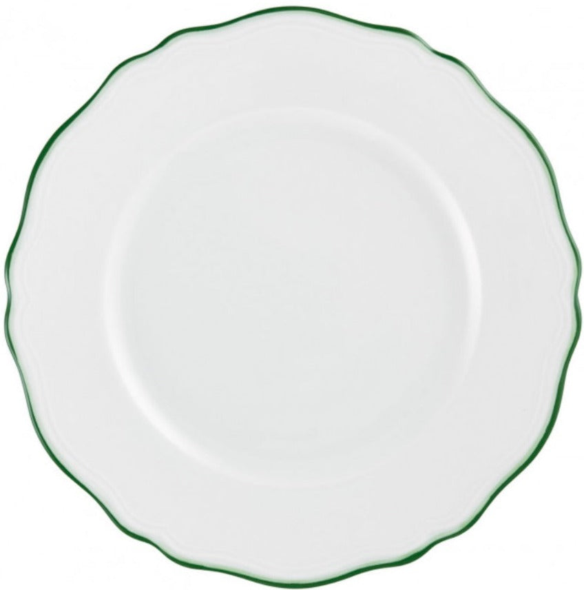 White ceramic plate with scalloped edge and green rim from above—a stunning piece from Raynaud’s Touraine Green Trim Dinnerware Collection, where artistry meets elegance.