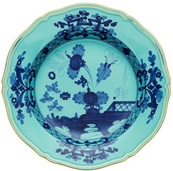 A Ginori 1735 Oriente Italiano Iris with Gold Collection porcelain plate, featuring exotic beauty, floral decorations and landscape designs.