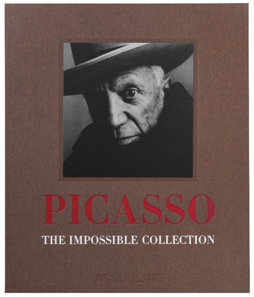 Cover of the book "The Impossible Collection: Picasso" by Assouline featuring a black-and-white photo of Pablo Picasso wearing a hat.