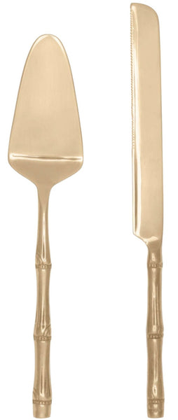 Blue Pheasant Liliana Polished Gold cake serving set with a spatula and knife, featuring natural bamboo handles for an island flair. Designed by Liliana.