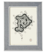 A framed artwork from Pigeon & Poodle’s Aberdeen Frame Collection features an ornate black and white letter "P" with decorative swirls on a white background and a small circular logo in the bottom right corner.