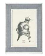 A framed black and white illustration of a vintage deep-sea diving helmet is set against a plain background in an elegant Aberdeen Frame Collection piece by Pigeon & Poodle.