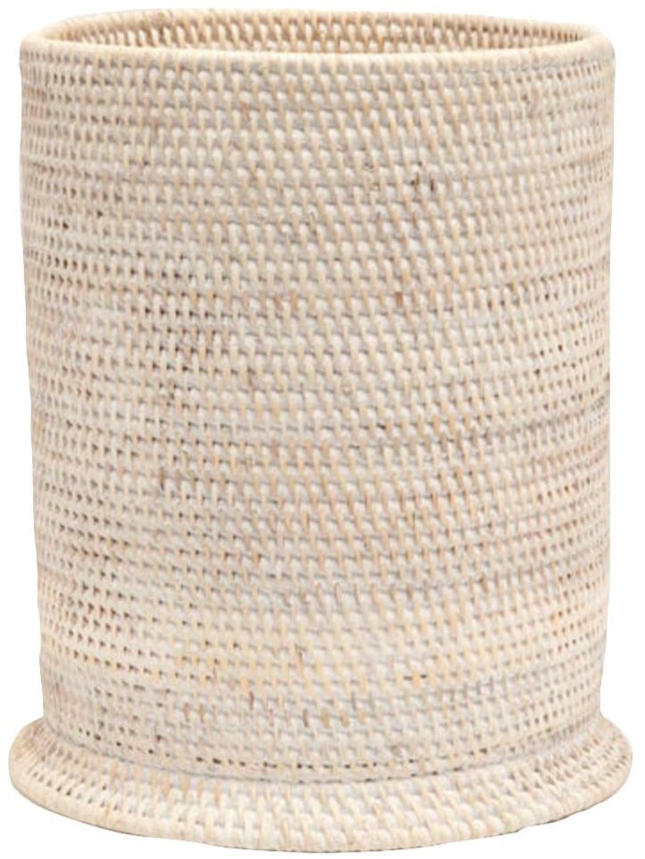 The Dalton Bath Collection by Pigeon & Poodle features a cylindrical woven basket, handcrafted from rattan in a natural beige finish, with a subtly flared base and meticulous detailing.