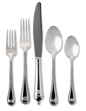 The Juliska Berry & Thread 5 Piece Flatware Set includes two forks, a knife, tablespoon, and teaspoon—each polished and adorned with a handle motif inspired by old world French tradition.