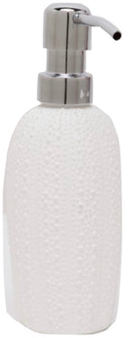 The Hilo Bath Collection soap dispenser by Pigeon & Poodle features white textured porcelain, a silver pump, and a subtle sea urchin pattern, shown isolated on a white background.