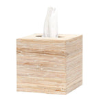 The Kona Bath Collection tissue box holder by Pigeon & Poodle features a wooden design with rattan accents and a visible tissue on top, set against a white background—ideal for adding an island-inspired touch to any space.