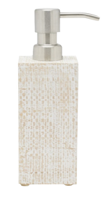 The Ghent Bath Collection by Pigeon & Poodle features a rectangular soap dispenser with a textured beige and white base inspired by woven grass, finished with a metallic pump for seaside-chic appeal.