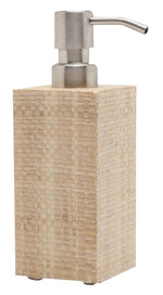 The Ghent Bath Collection soap dispenser by Pigeon & Poodle features a textured beige body reminiscent of woven grass and a sleek silver pump, perfect for adding seaside-chic style to your bathroom. Shown against a plain white background.