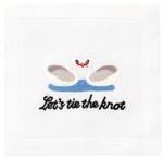 The Let's Tie The Knot Cocktail Napkins by August Morgan feature two swans above blue water with a red bow and "Let's tie the knot" text—an elegant embroidered cotton napkin, perfect for weddings.