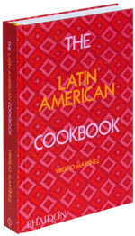 The Latin American Cookbook by Virgilio Martínez, published by Phaidon, features a red patterned cover and is filled with traditional recipes celebrating Latin American cuisine.