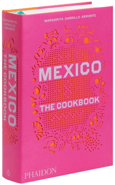 A pink-colored cookbook titled "Mexico: The Cookbook" by Phaidon, featuring a decorative cover with traditional Mexican design elements and focused on Mexican cuisine.