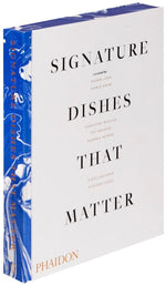 The image displays Phaidon's "Signature Dishes That Matter," featuring a marbled blue and white spine, exploring iconic recipes and dining's cultural history.
