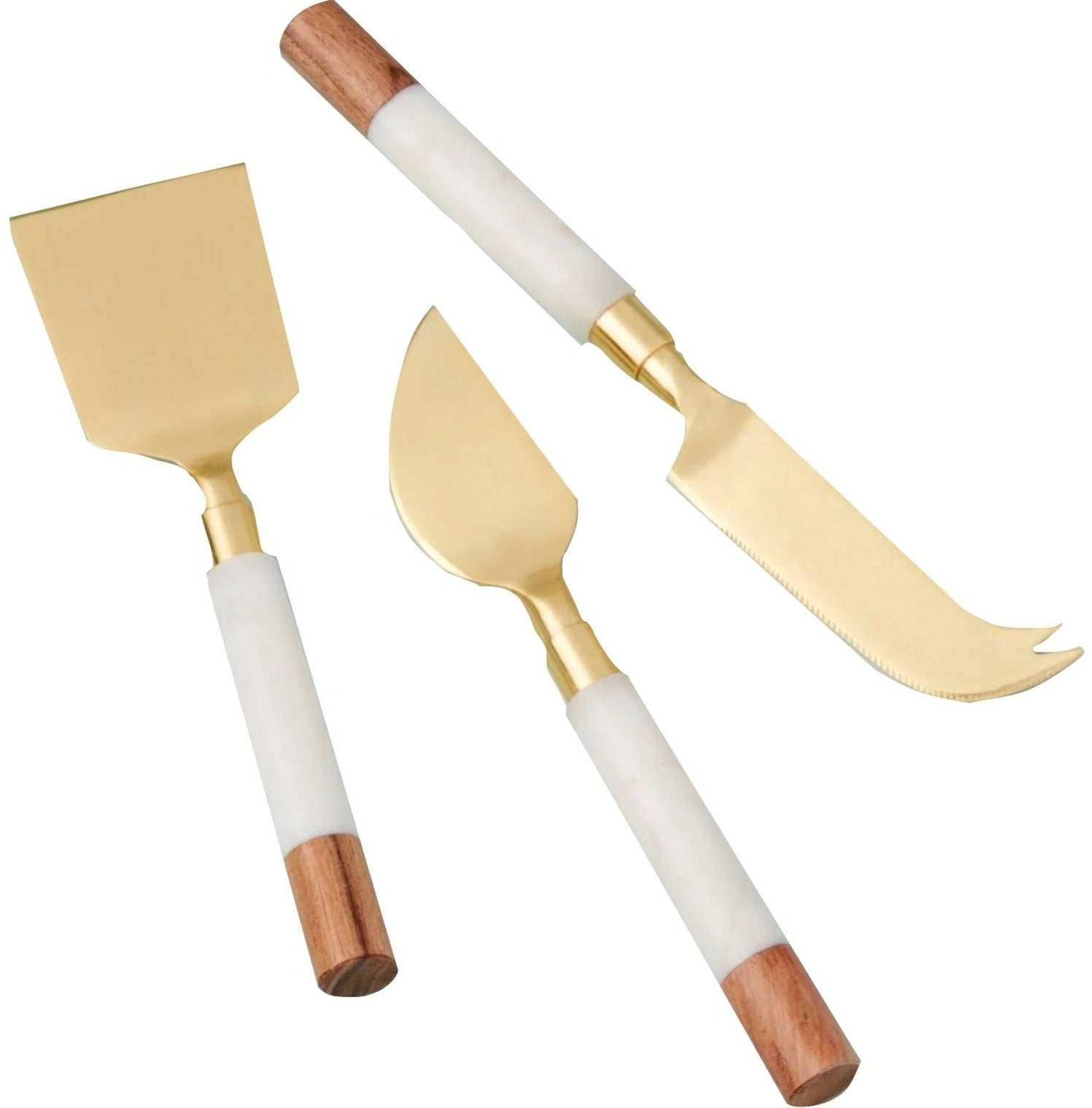 The Be Home White Marble and Acacia Gold Cheese Set includes three cheese knives with gold blades, acacia wood, and white marble handles—an elegant match for serving boards.