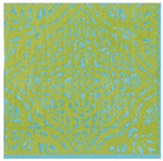 The Caspari Green Annika Cocktail Napkins feature an eco-friendly design with blue geometric and floral cutouts—making them a unique gift item.