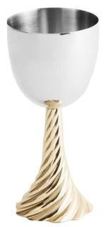 The Twist Kiddush Cup, Gold by Michael Aram features a silver metal cup with a smooth finish and a gold, spiraled stem and base, reflecting the elegant symmetry of the Twist Collection.