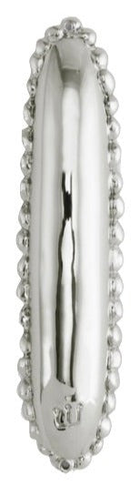Close-up of the Michael Aram Molten Mezuzah, an elongated, reflective metallic object bordered with small, rounded beads and showcasing hand-welded edges from the Michael Aram Collection.