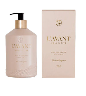 L’Avant Collective Blushed Bergamot Hand Soap, 16 fl oz (473 ml), comes in a bottle with gold text and pump, offering an elegant citrus scent.