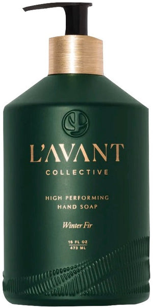 L’AVANT Collective Hand Soap Winter Fir comes in a 16 fl oz green glass bottle with a gold pump, natural fragrances, and text emblazoned on the front.
