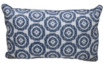 The Inverted Medallion Navy Pillow by Associated Design features a handmade rectangular shape with a white background and blue circular floral medallion patterns, crafted in the USA for a personalized touch.