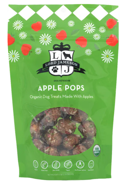 A package of Lord Jameson Apple Pops Dog Treats, 6 oz made with tart and sweet apples, embodying farm stand flavors.