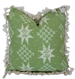 Handmade in the USA by Hive Custom Pillows, the 22" x 22" Gitana Green Pillow features white star and circle patterns with fringe tassels on all sides.