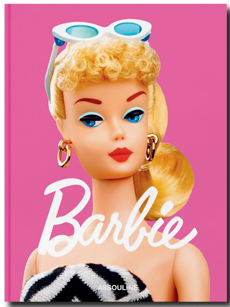 A stylized illustration of a Assouline Barbie doll with blonde hair, blue eyes, and sunglasses on her head, representing American phenomenon against a pink background.