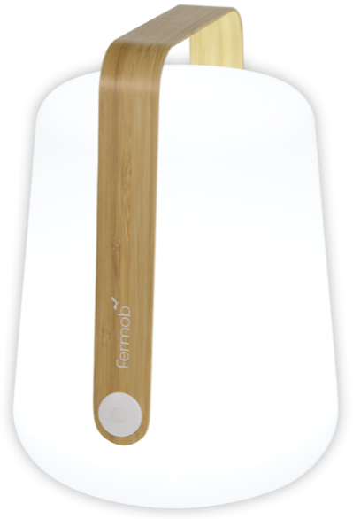 Modern portable Fermob Bamboo Balad Lamp with a wooden handle and a touch button for outdoor use.