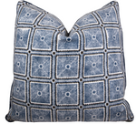 The Pisa Charcoal Pillow by Hive Custom Pillows is a handmade square decorative piece featuring a geometric blue and white pattern with circular motifs, filled with luxurious down for ultimate comfort. Made in the USA.