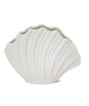The White Shell Vase Collection by Two's Company features a white ceramic vase with textured ridges and an open top, adding seaside charm to your home—perfect for displaying vibrant blooms.
